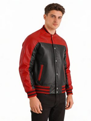 Men's Red and Black Two-Tone Leather Varsity Jacket