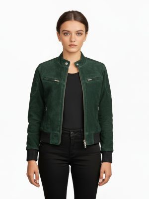 Women’s Dark Green Suede Biker Jacket