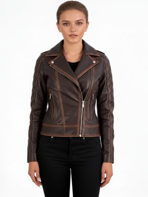Women’s Vintage Distressed Brown Leather Biker Jacket