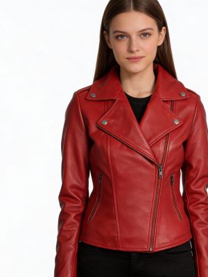 Women’s Bright Red Leather Biker Jacket