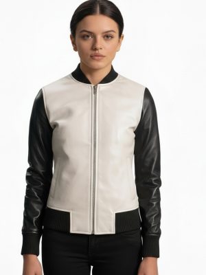Women’s Black and White Leather Bomber Jacket
