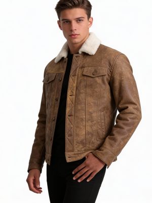 Men's Distressed Brown Leather Trucker Jacket